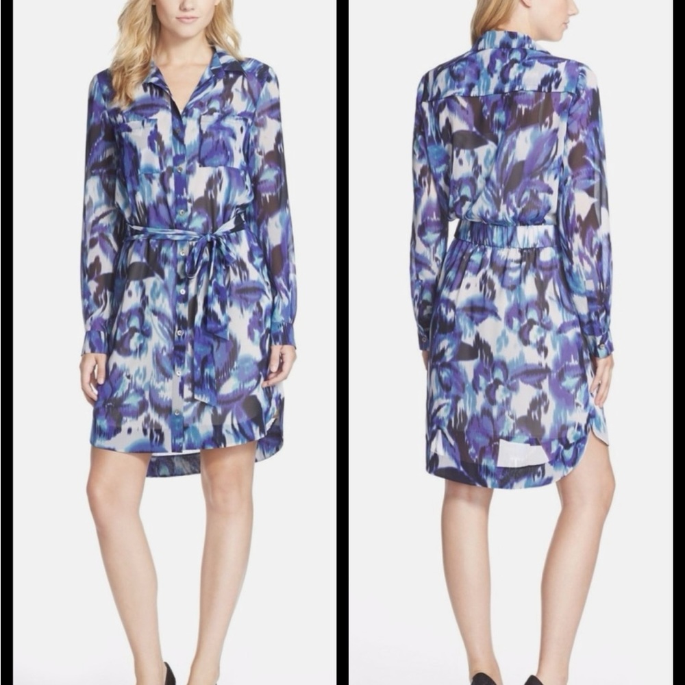 Eliza J Blue Abstract Floral Long-Sleeve Shirt Dress (Size 8)